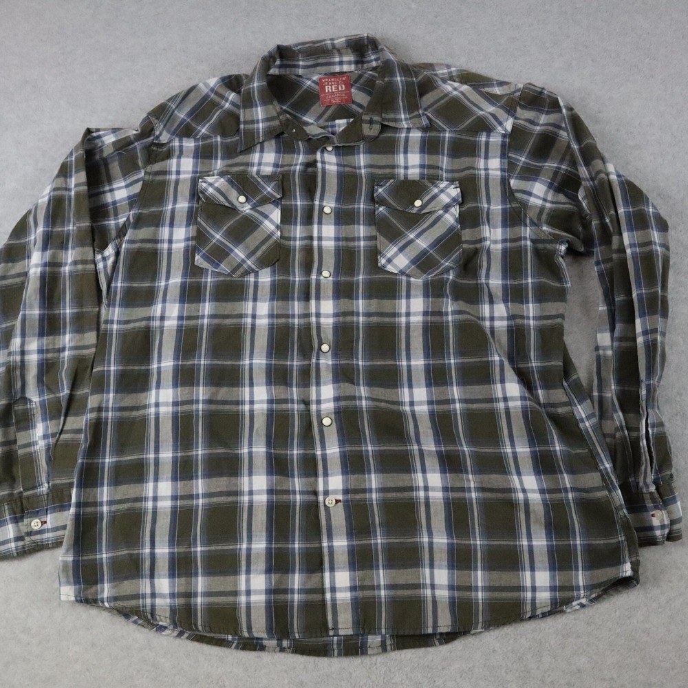 Wrangler Red Shirt Mens 2XL XXL Western Cowboy Pearl Snap Plaid Long Sleeve